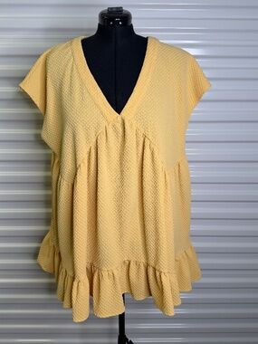Anthroplogie Entro Womens XL Mustard Textured Babydoll V Neck Tunic Dress
